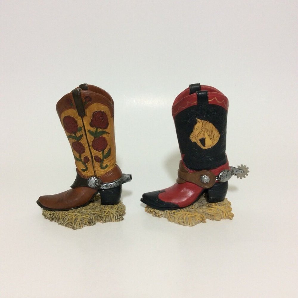 Western Cowboy Spur Boot Box Ceramic Figurines Knick Knacks Decor Set Of 2 - Picture 4 of 12